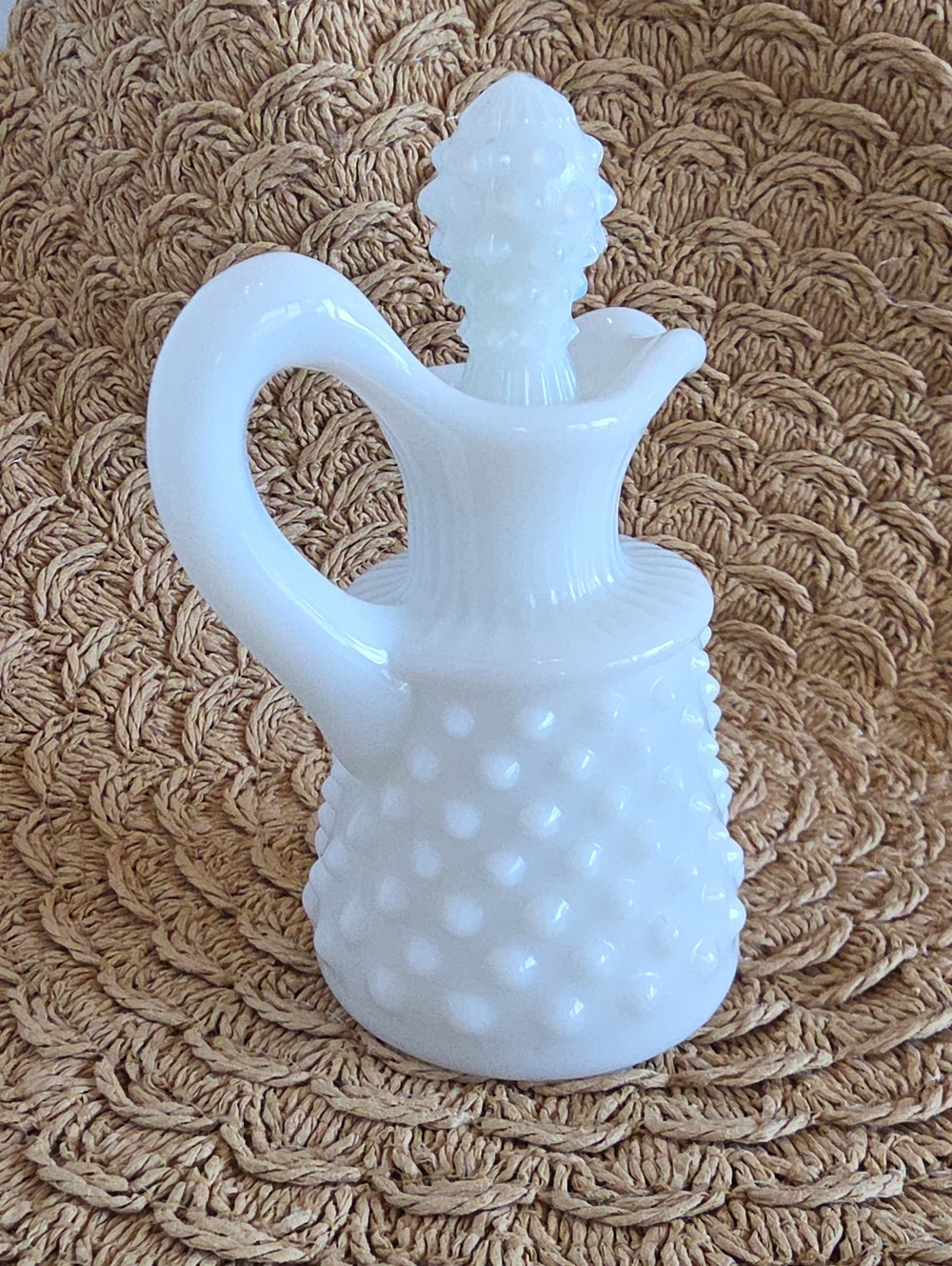 Vintage 1960's Fenton Hobnail Milk Glass Cruet With Stopper 4.5"
